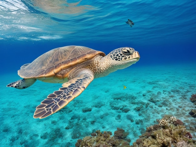 Sea Turtle Gliding Through Reef