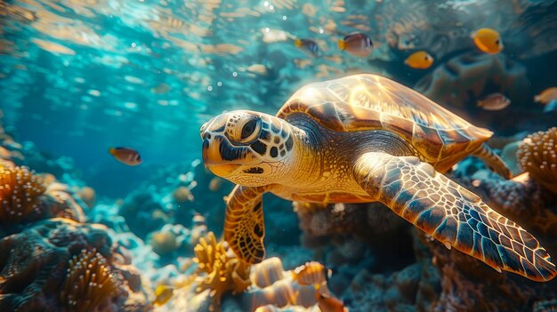 A sea turtle gracefully swims over a bustling coral reef surrounded by vibrant marine life