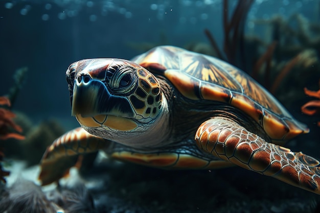 바다 거북이, 큰 아름다운 거북이는 산호의 깊은 곳에서 산호 사이에서 수영합니다.
