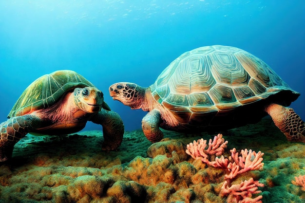 Sea turtle lurking in rocks on bottom of ocean wild underwater world