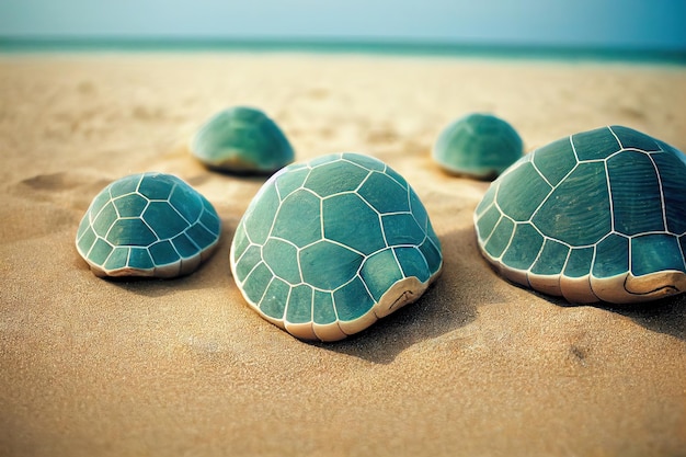 Sea turtle shell lying on sandy beach by ocean