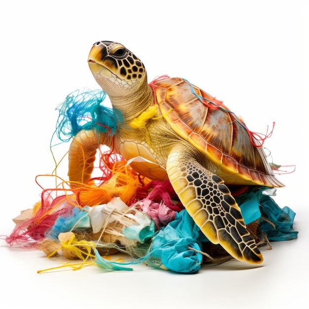 A sea turtle sitting on top of a pile of trash