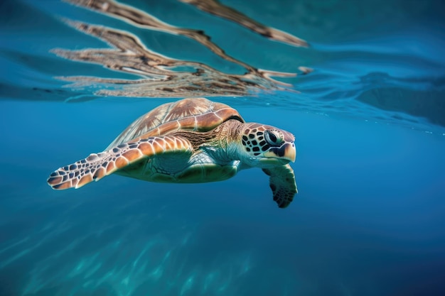 Морская черепаха плавает в чистом голубом океане с видимым отражением, созданным с помощью генеративного ИИ