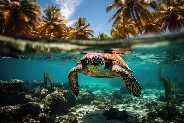 Sea turtle swimming in clear blue waters Split view with waterline Tropical island with palm trees in the middle of an ocean