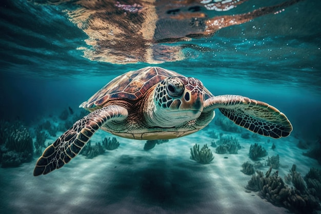 A sea turtle swimming in the clear water of the ocean turquoise ocean with a turtle diving with aquatic animals in the wild