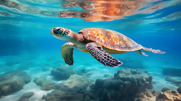 A sea turtle swimming in clear waters protected marine life