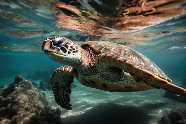 Sea turtle swimming in crystalclear water with its reflection visible created with generative ai