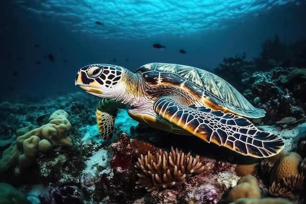 Морская черепаха плавает на Мальдивах Черепаха в синем море смотрит прямо