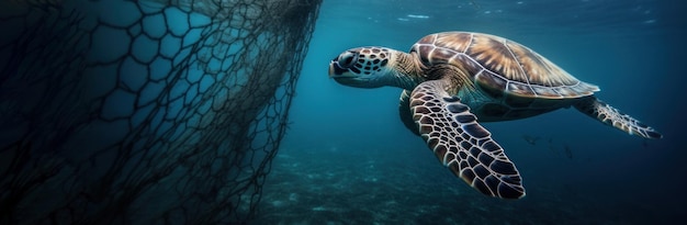 Sea turtle swimming near thrown old fishnet Banner with copy space on the left