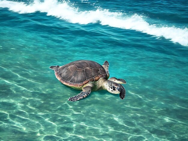 열대 섬 앞의 바다에서 헤엄치는 바다 거북이