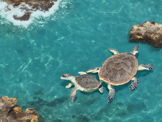 A sea turtle swimming in the ocean in front of a tropical island ai generated