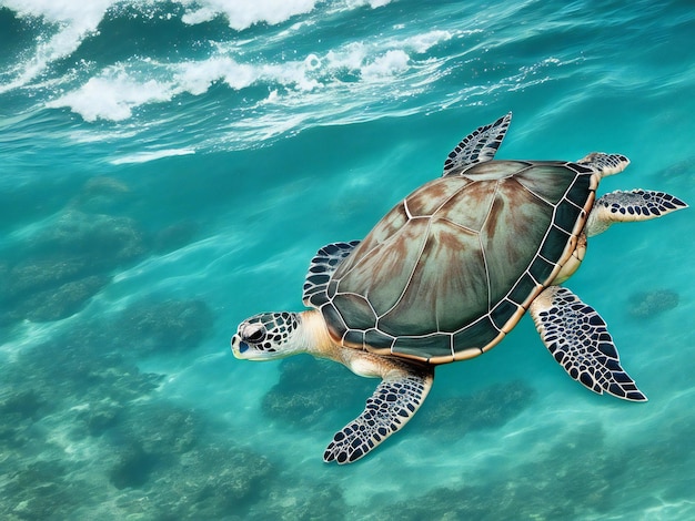 Photo a sea turtle swimming in the ocean in front of a tropical island ai generated