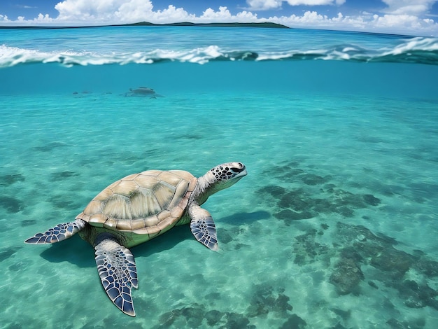 A sea turtle swimming in the ocean in front of a tropical island ai generated