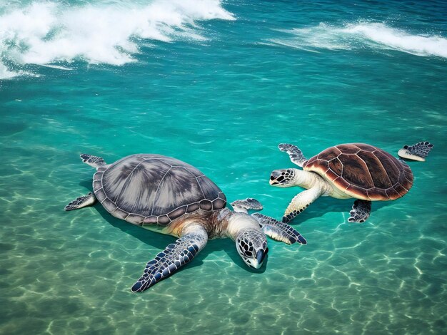 Морская черепаха, плавающая в океане перед тропическим островом.