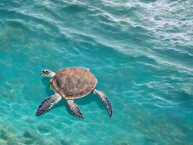 A sea turtle swimming in the ocean in front of a tropical island ai generated