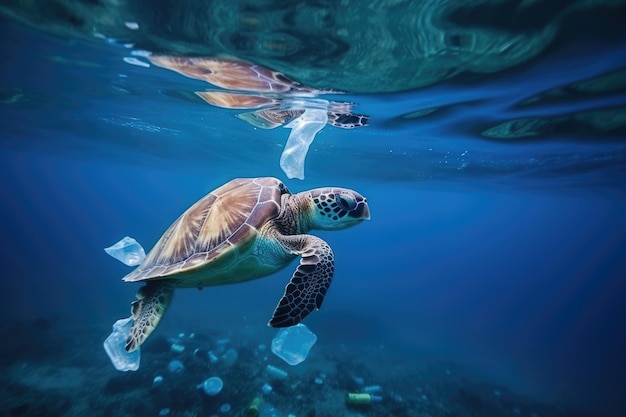 Sea turtle swimming in ocean invaded by plastic bottles