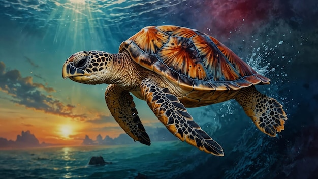 sea turtle swimming in ocean at sunset majestic marine reptile in its natural habitat