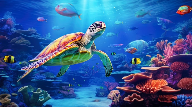 Sea turtle swimming in the ocean Underwater world