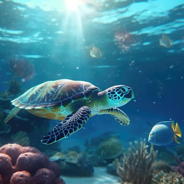 Sea turtle swimming in the ocean with coral reef underwater Background illustration for world oceans day concept Life in tropical waters generative ai illustration