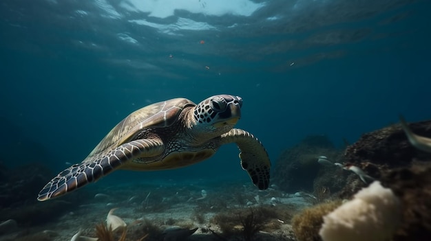 sea turtle swimming over plastic wastes in sea