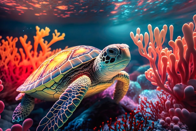 Sea turtle swimming in the under sea Beautiful Underwater and colorfull coral in wild nature of the Pacific Ocean Generate Ai