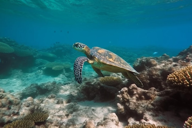 Морская черепаха плавает в подводном море Красивый подводный и красочный коралл в дикой природе