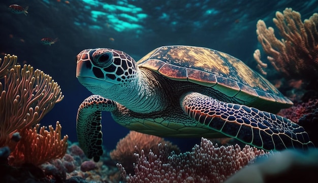 Морская черепаха плавает под водой Beautiful UnderwaterGenerative AI