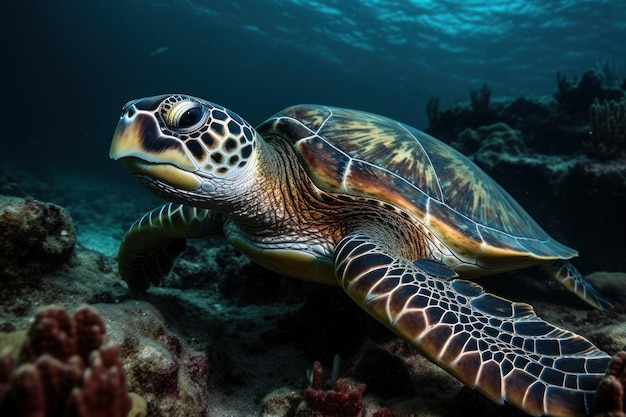 Sea turtle swimming in a sea of corals