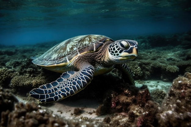 Sea turtle swimming in a sea of corals