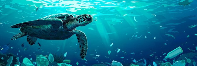 Photo sea turtle swimming through ocean plastic pollution protect marine life