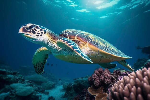 Sea turtle swimming the undersea Beautiful Underwater and colorful coral in the wild nature of the Pacific Ocean Generate Ai