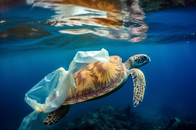 プラスチック袋の中に水を泳ぐ海<unk> 環境を救う