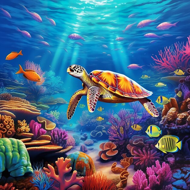 A sea turtle swims in a coral reef surrounded by fish and coral in this vibrant illustration