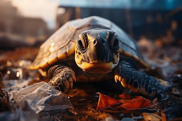 Морская черепаха, запертая в пластиковых пакетах Проблема загрязнения окружающей среды мусором и мусором в океане