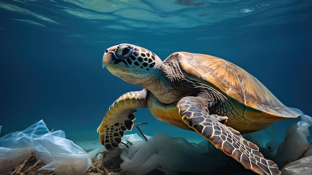 Sea Turtle Trapped in Plastic Trash