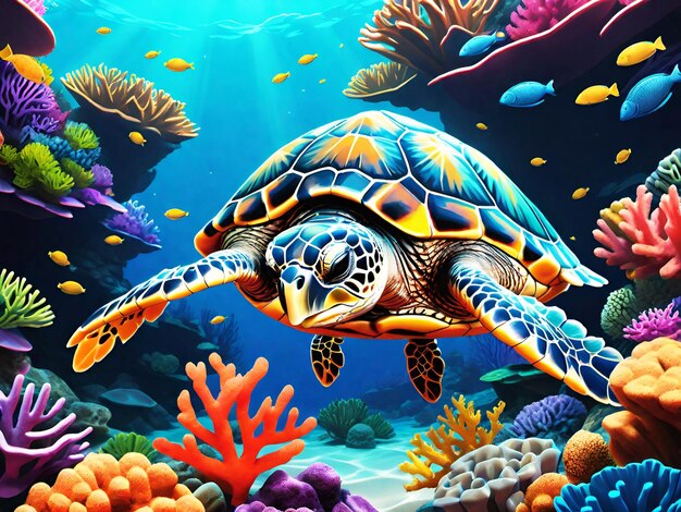 Sea turtle underwater scene with coral