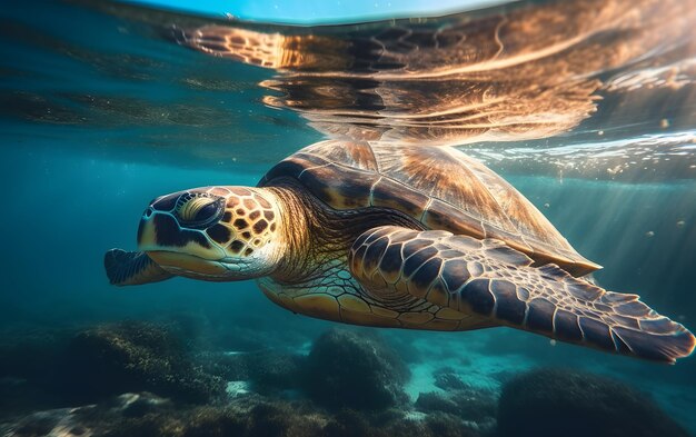 Морская черепаха под водой на заднем плане