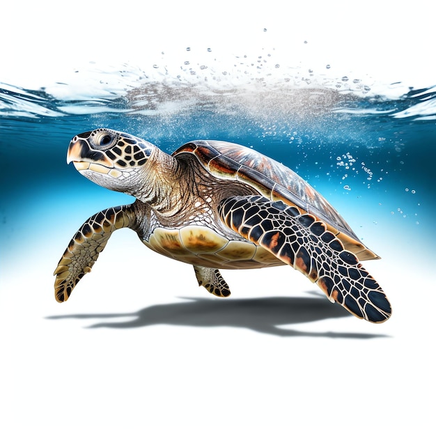 a sea turtle under water studio light isolated on white background