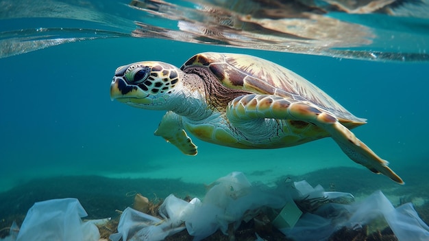 Sea turtle in water surrounded by plastic rubbish Generative AI