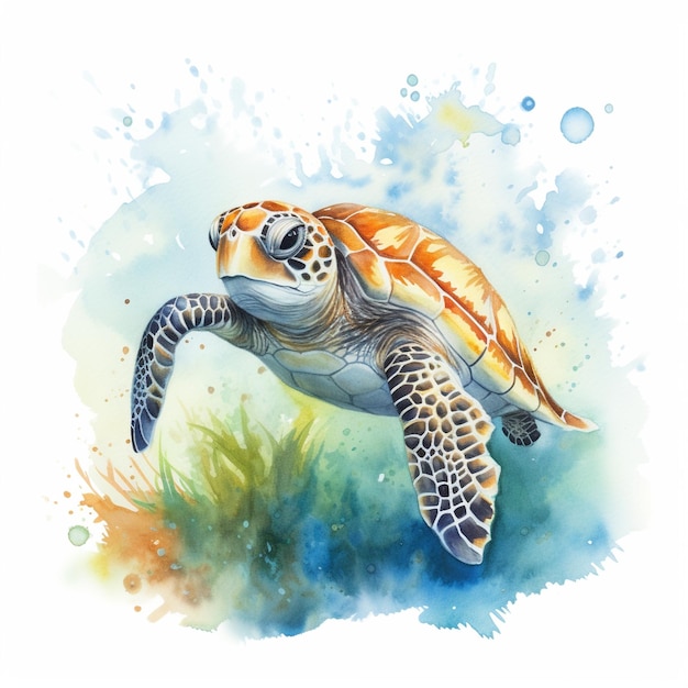 Photo sea turtle watercolour drawing in white background