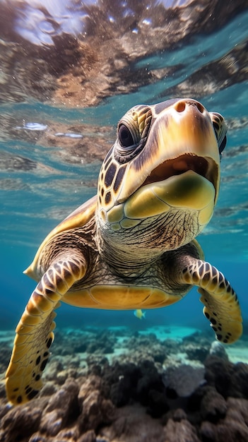 Sea turtle with a group of colorful fish and colorful corals underwater in the ocean