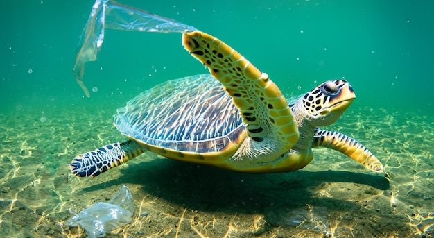 Sea turtle with plastic bags on its flipper