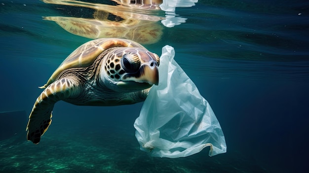 A sea turtle wrapped in a plastic bag in the sea sustainability