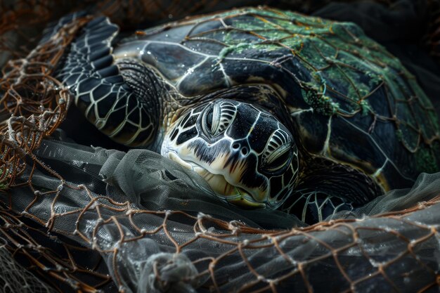 Sea Turtles and the Hazards of Fishing Net Isolated on Solid Background