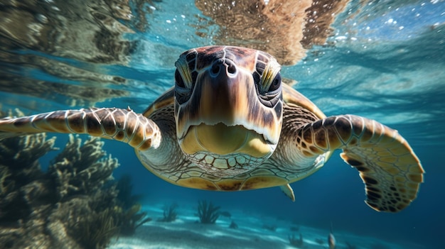 Sea turtles swim underwater with their head above the water