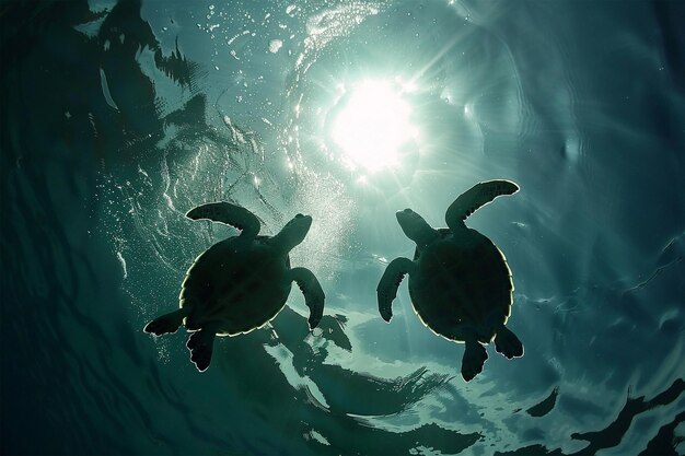 Sea turtles swimming in the rays of sun through water surface