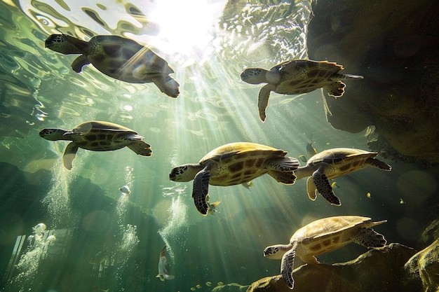 Sea turtles swimming in the rays of sun through water surface