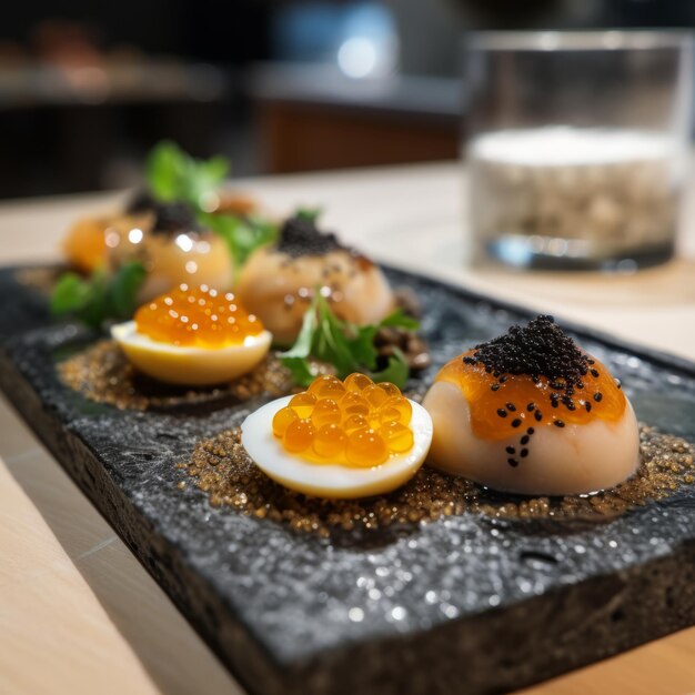 Sea urchin and quail egg dish served at a seafood restaurant