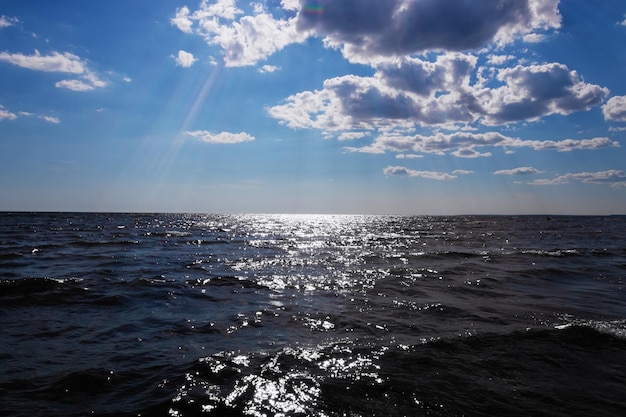 Sea view under blue sky with clouds evening time