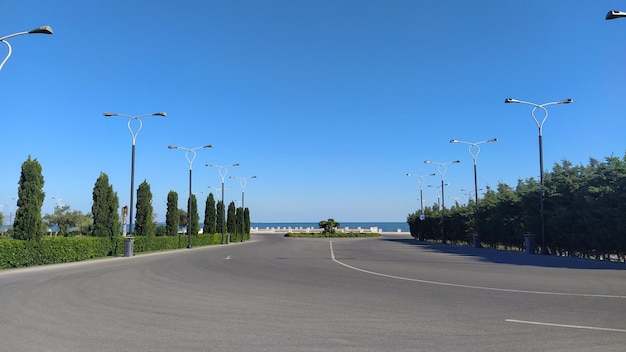 Sea view from city boulevard and Caspian sea Beautiful sea boulevard scenery
